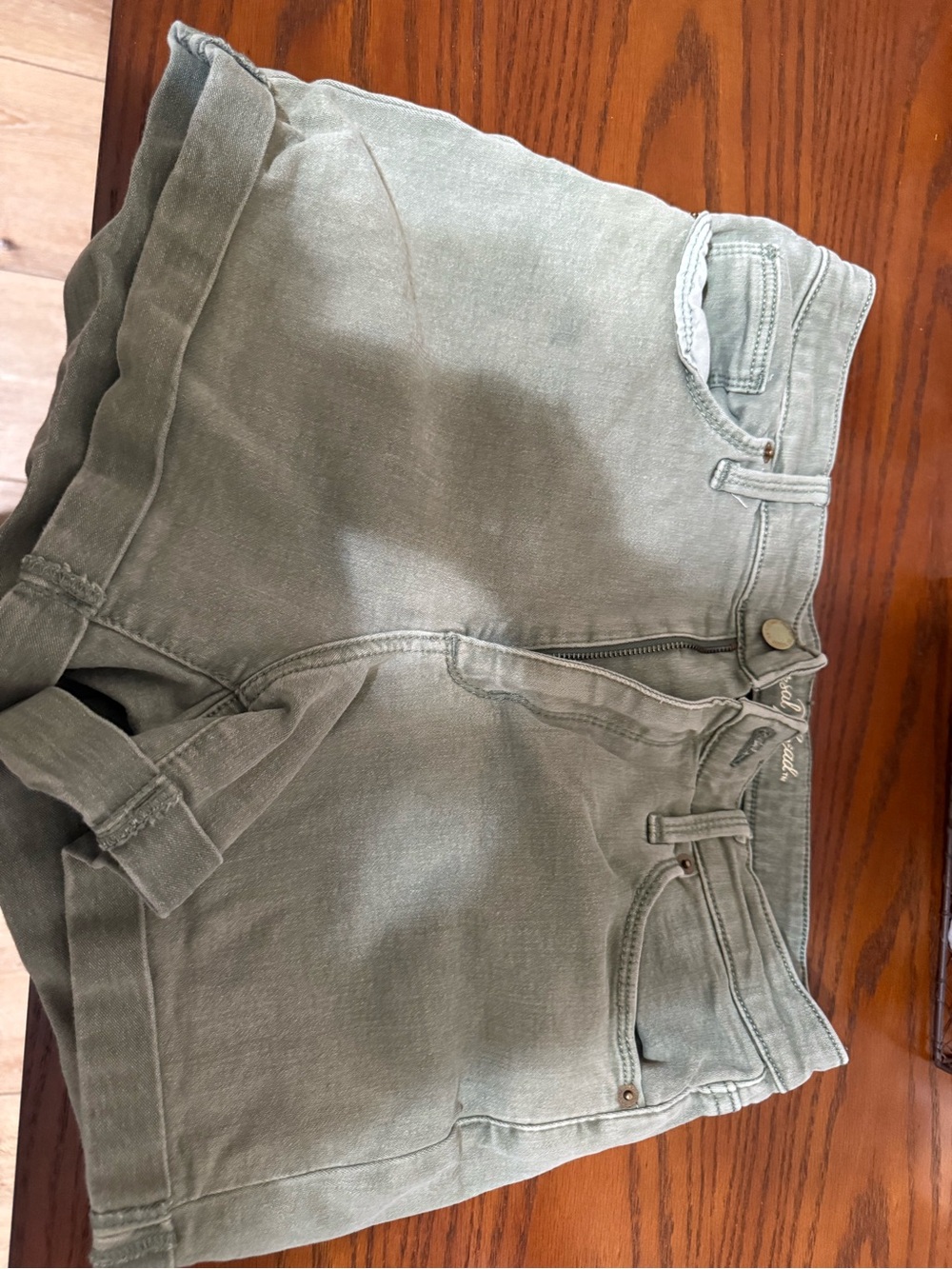 American Threads Olive Green Denim Shorts with Embroidered Waistband